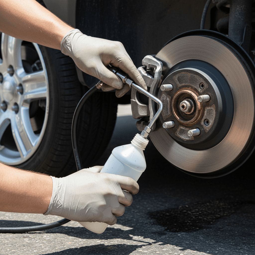 Mechanic's hands using a brake bleeder tool on a vehicle
