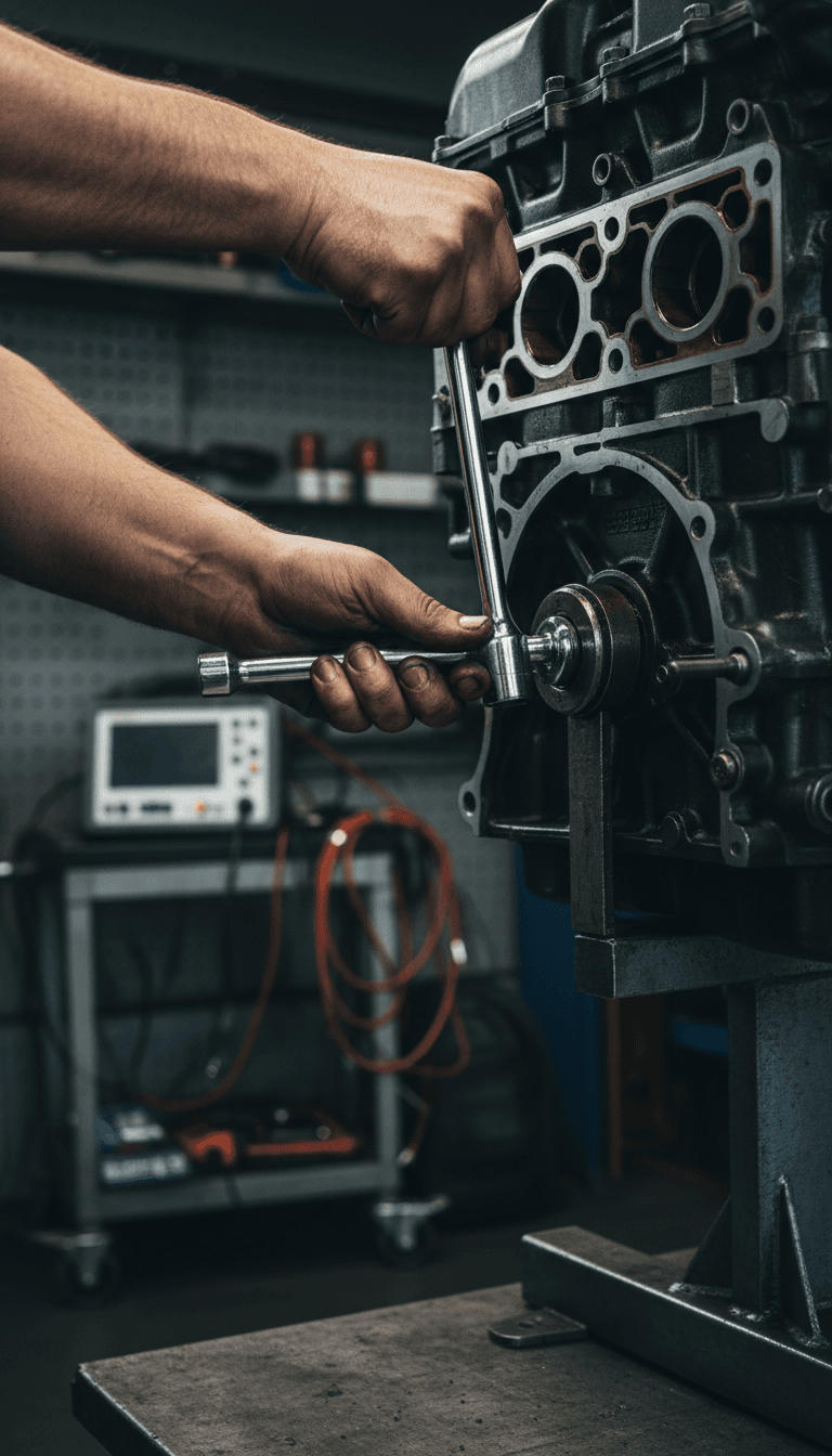 Mechanic working on engine with socket wrench