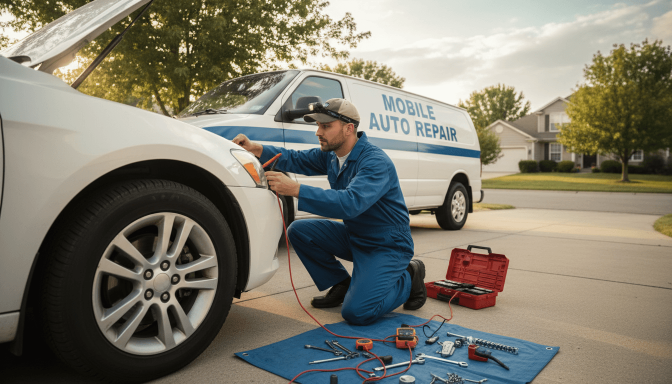 Mobile mechanic inspecting a car alternator in a residential driveway