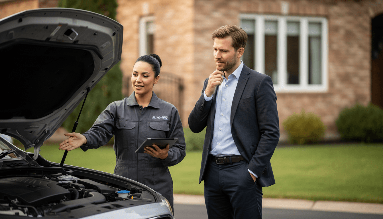 Mechanic discussing repair findings with customer at home