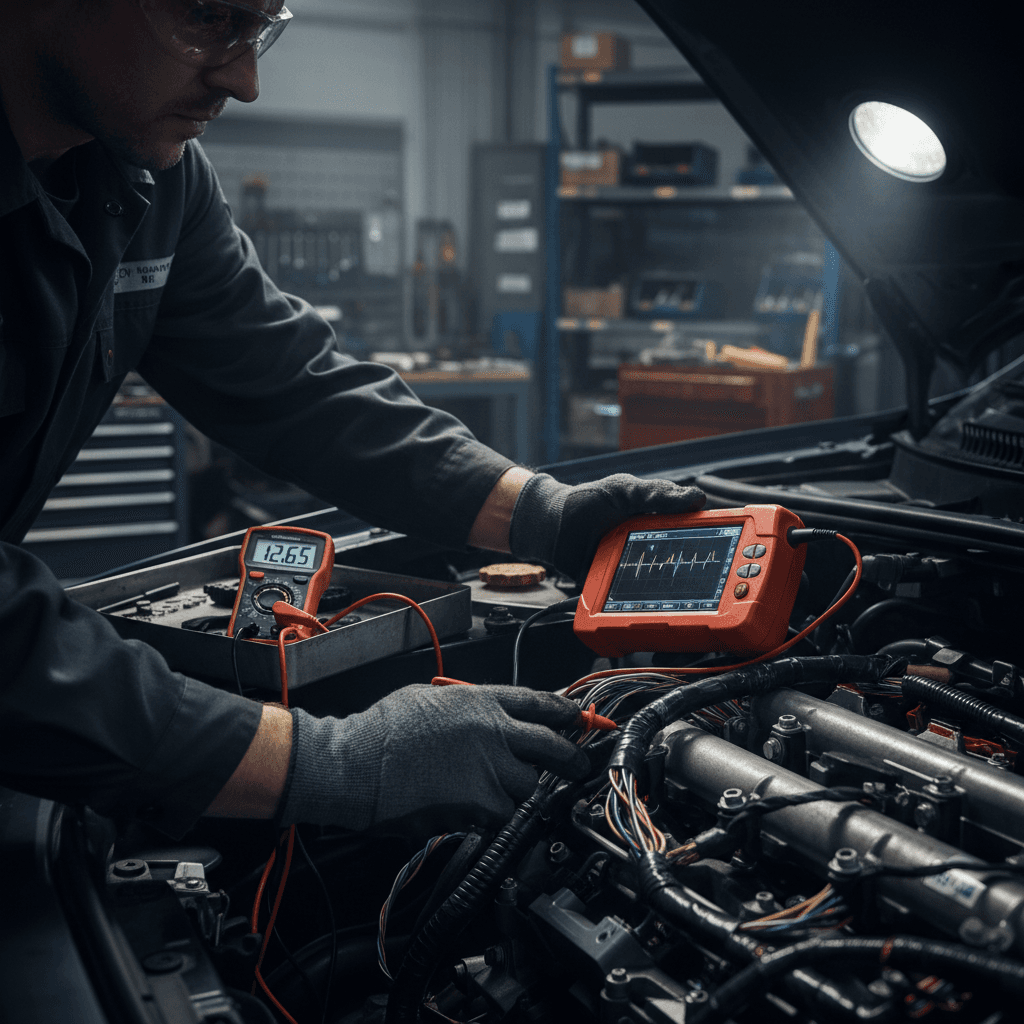 Mobile mechanic performing vehicle diagnostics with professional tools