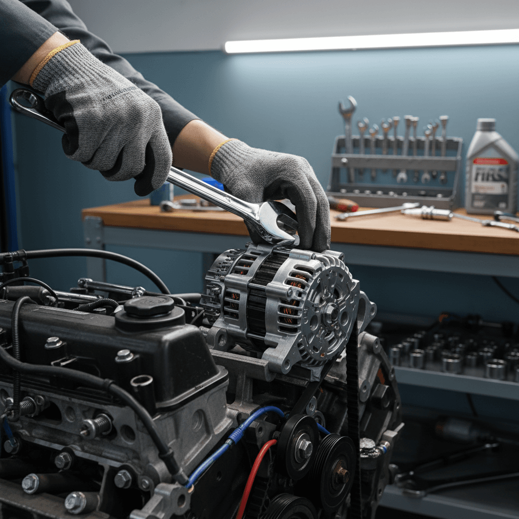 Mechanic performing electrical repair work on vehicle