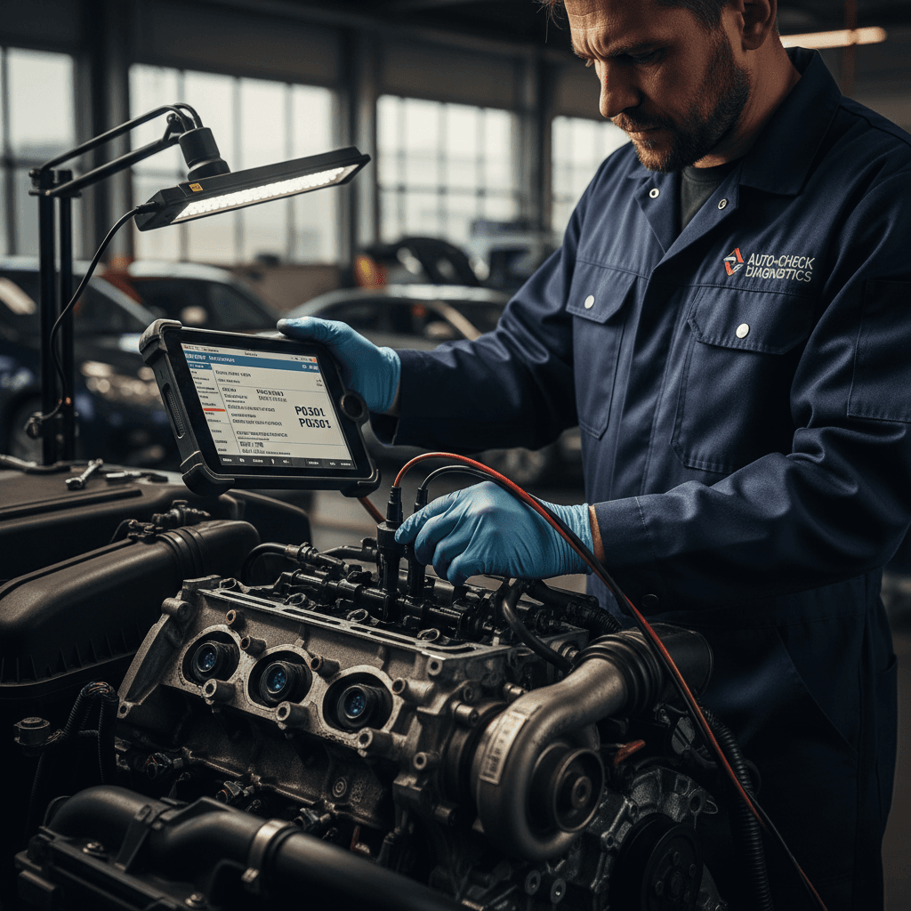 Mobile mechanic performing vehicle diagnostics at customer location